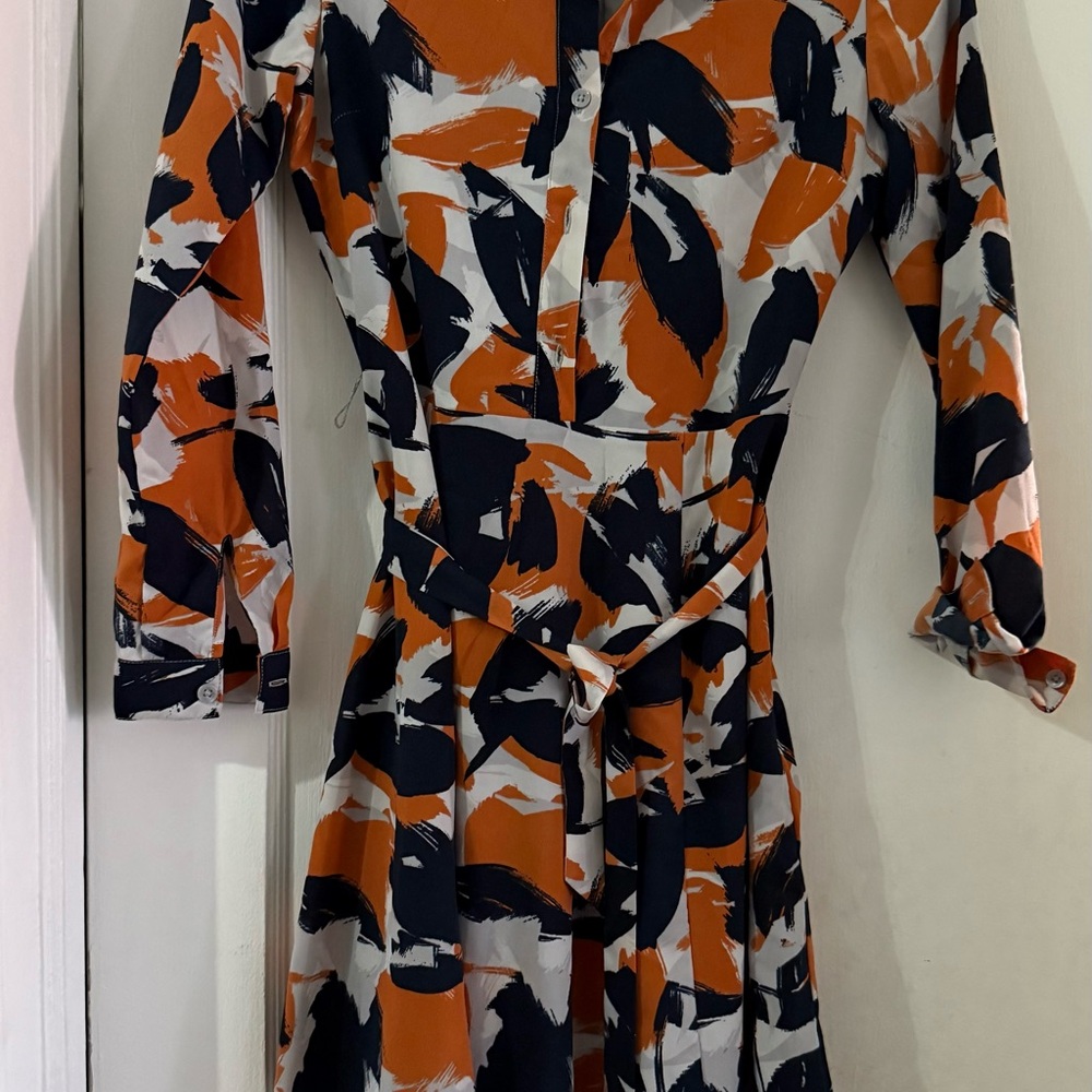 Banana Republic Long Sleeve Abstract Dress - Orange, Black, White